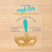 Goud en Blauw Sparkles Mask Mardi Gras Party Acryl Uitnodigingen (Voorkant)
