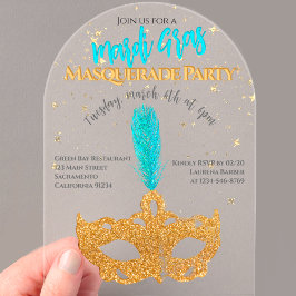 Goud en Blauw Sparkles Mask Mardi Gras Party Acryl Uitnodigingen
