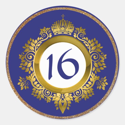 Goud en Blauw Sweet 16 Verjaardag Stickers (Voorkant)