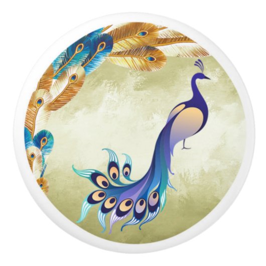 Goud en blauw Verf Peacock Ceramic Knob. Keramische Knop (Voorkant)