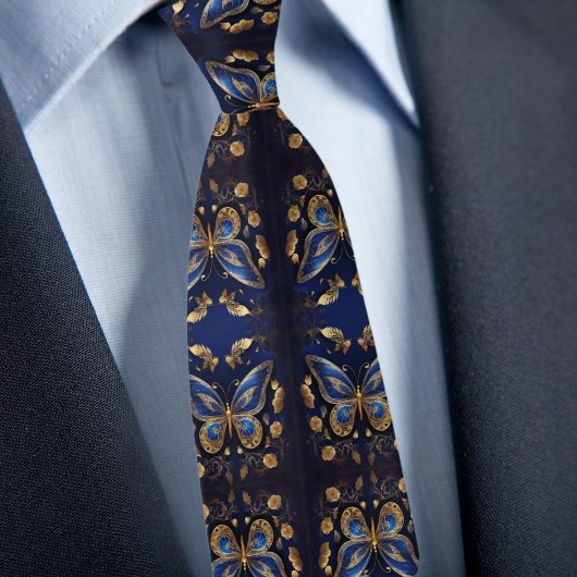 Goud en Blauw Vlinderpatroon Stropdas