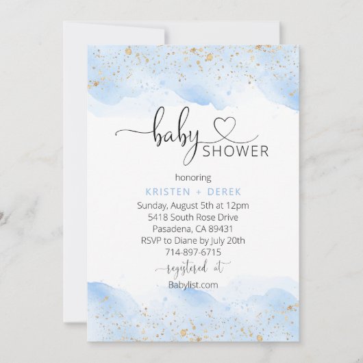 Goud en Blauw Waterverf Baby shower Kaart (Voorkant)
