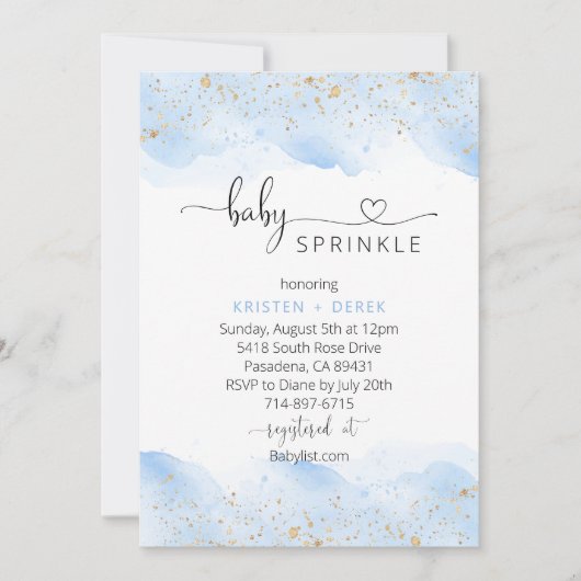 Goud en Blauw Waterverf Baby shower Sprinkle Kaart (Voorkant)