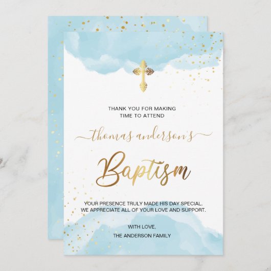 Goud en blauw Waterverf Bedankkaart (Voorkant / Achterkant)