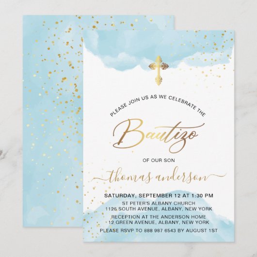 Goud en blauw Waterverf Boy Bautizo Uitnodiging (Voorkant / Achterkant)