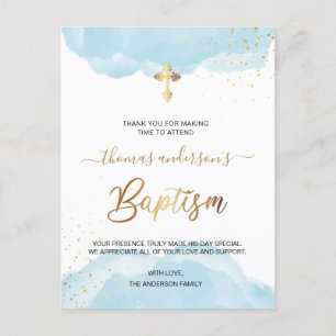 Goud en blauw Waterverf jongensdoop Dank u Briefkaart