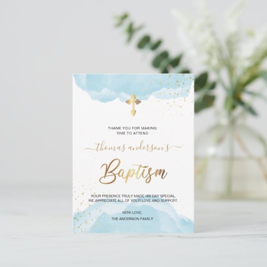 Goud en blauw Waterverf jongensdoop Dank u Briefkaart (Staand voorkant)