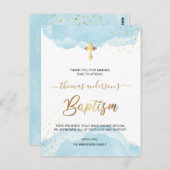 Goud en blauw Waterverf jongensdoop Dank u Briefkaart (Voorkant / Achterkant)