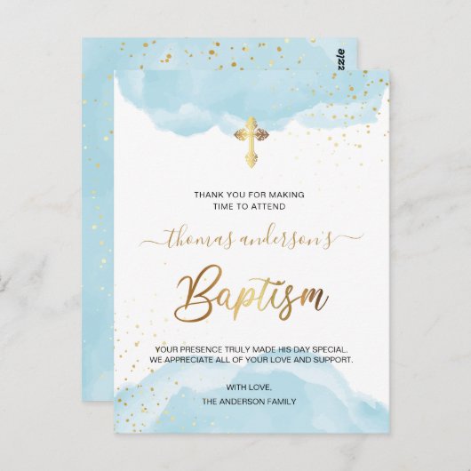 Goud en blauw Waterverf jongensdoop Dank u Briefkaart (Voorkant / Achterkant)