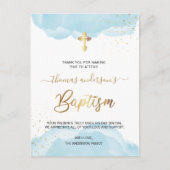 Goud en blauw Waterverf jongensdoop Dank u Briefkaart (Voorkant)
