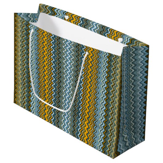 Goud en blauw Wavy Stripes Groot Cadeauzakje (Voorkant Gekanteld)