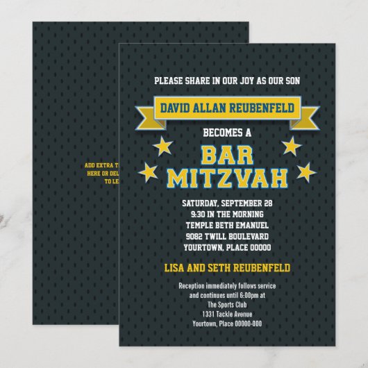 Goud en blauw winkelwagentje Mitzvah Kaart (Voorkant / Achterkant)