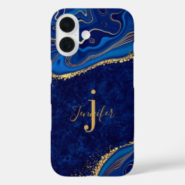 Goud en Blauwe Agaat Modern Elegant Marmer Custom iPhone 16 Hoesje