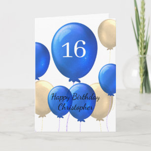 Goud en blauwe ballonnen 16e verjaardag Kaart