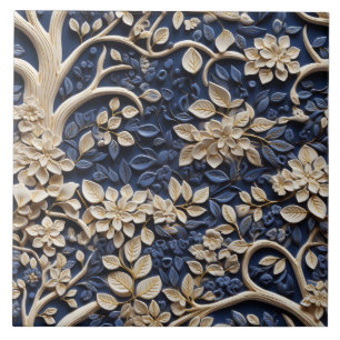 Goud en blauwe bloem boom reliëf effect tegeltje