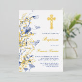 goud en blauwe bloemen Doop Folie Uitnodiging (Staand Voorkant)