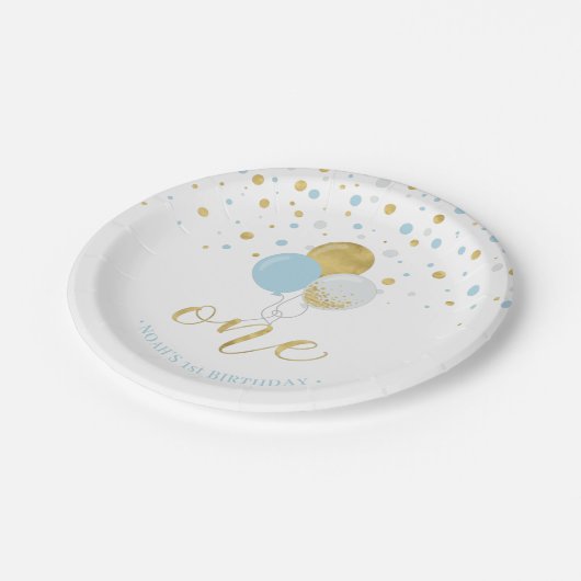Goud- en blauwe Confetti-ballonnen 1e verjaardag Papieren Bordje (Gekanteld)
