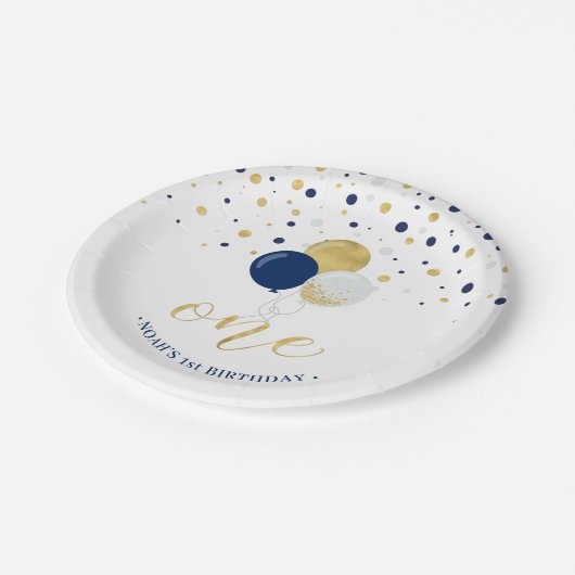 Goud- en blauwe Confetti-ballonnen 1e verjaardag Papieren Bordje (Gekanteld)