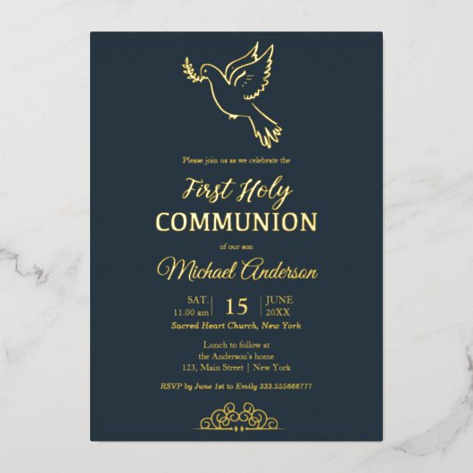 Goud en blauwe elegant communiqué folie uitnodiging (Voorkant)