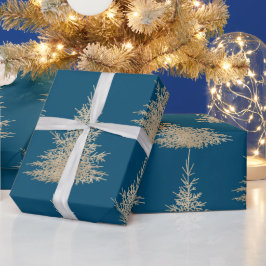 Goud en blauwe evergroene boomgaard cadeaupapier