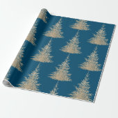 Goud en blauwe evergroene boomgaard cadeaupapier (Uitgerold)