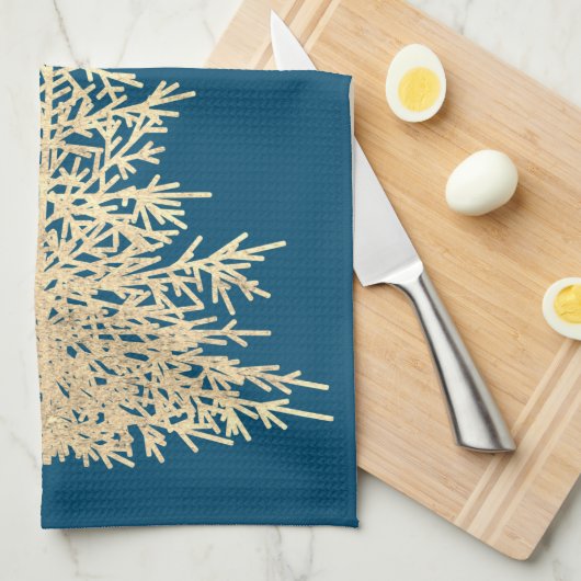 Goud en blauwe evergroene boomgaard theedoek (Quarter Fold)