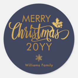 Goud en Blauwe Prettig Kerstmis Custom Kerst Ronde Sticker