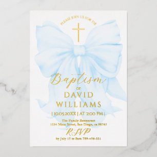 Goud en Blauwe Strik Jongens Doop Elegant Digitaal Folie Uitnodiging