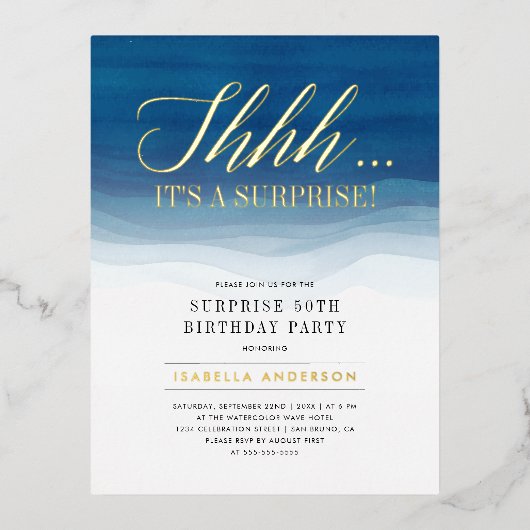 Goud en blauwe Waterverf Vertrouwelijke dag Folie Uitnodiging Briefkaart (Voorkant)