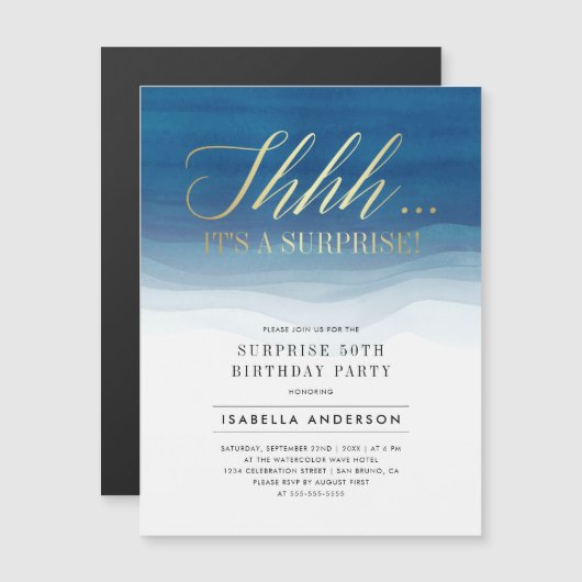 Goud en blauwe Waterverf Vertrouwelijke dag Magnetische Uitnodiging (Voorkant / Achterkant)