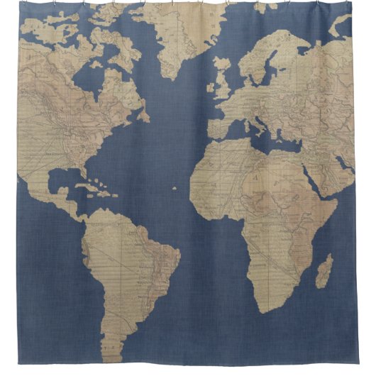 Goud en blauwe Wereldkaart Douchegordijn (Voorkant)