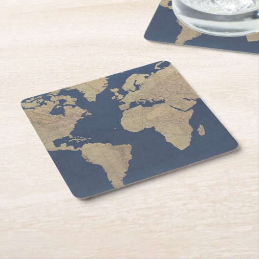 Goud en blauwe Wereldkaart Kartonnen Onderzetters (Schuin)