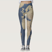 Goud en blauwe Wereldkaart Leggings (Voorkant)