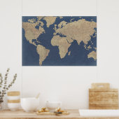 Goud en blauwe Wereldkaart Poster (Keuken)