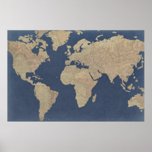 Goud en blauwe Wereldkaart Poster