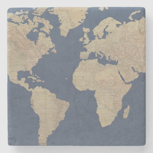 Goud en blauwe Wereldkaart Stenen Onderzetter (Voorkant)