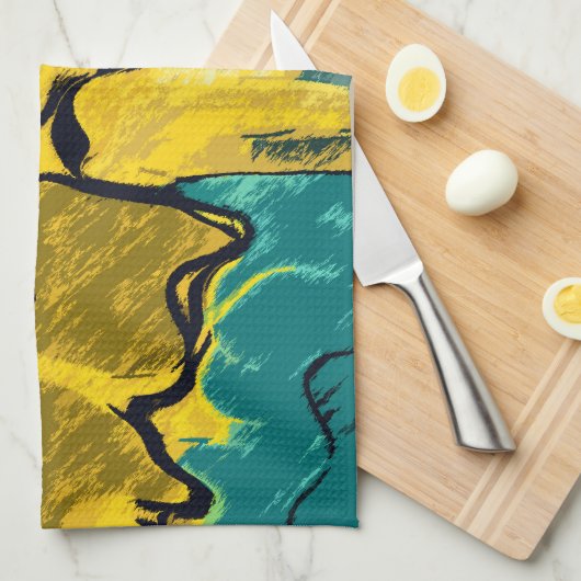 Goud en Blauwgroen Abstract Theedoek (Quarter Fold)