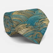 Goud en blauwgroen Chiyogami golfpatroon Stropdas (Opgerold)