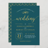 Goud en Blauwgroen | Elegant Classic Wedding Cerem Kaart (Voorkant / Achterkant)