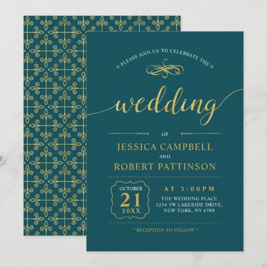 Goud en Blauwgroen | Elegant Classic Wedding Cerem Kaart (Voorkant / Achterkant)