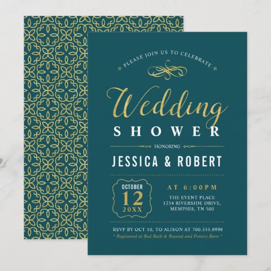 Goud en Blauwgroen | Elegant Couples Wedding Showe Kaart (Voorkant / Achterkant)
