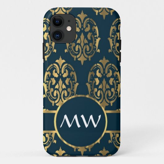 Goud en blauwgroen groen damast patroon Case-Mate iPhone case (Achterkant)