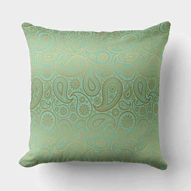 Goud en Blauwgroen-groen  paisley patroon Kussen (Voorkant)