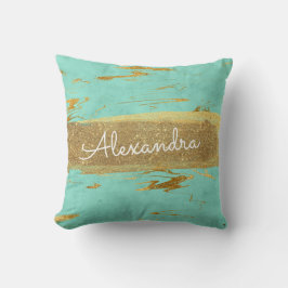 Goud en Blauwgroen marmer met goudfolie en glitter Kussen