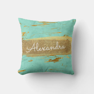 Goud en Blauwgroen marmer met goudfolie en glitter Kussen