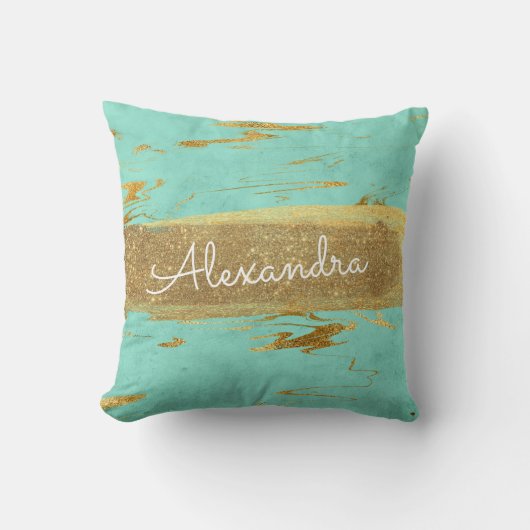 Goud en Blauwgroen marmer met goudfolie en glitter Kussen (Voorkant)