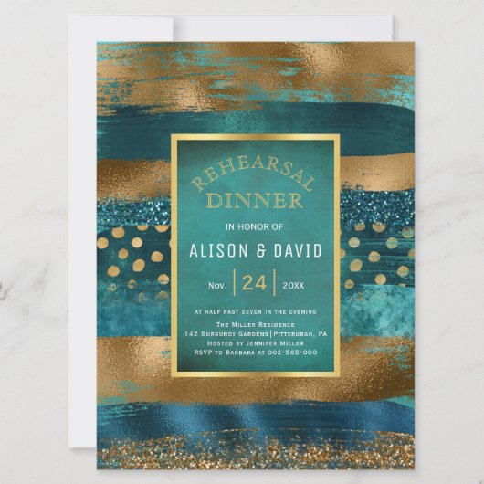 Goud en blauwgroen penseelverfstreken repetitief d kaart (Voorkant)