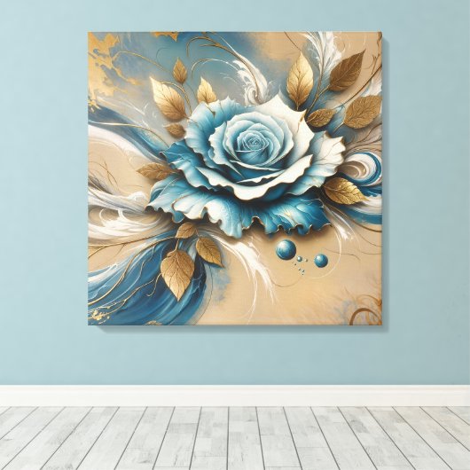 Goud en Blauwgroen Roos Canvas Afdruk (Insitu (Houten vloer))