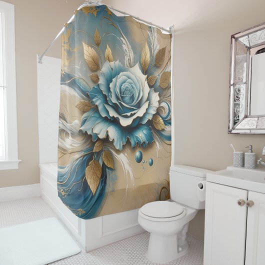 Goud en Blauwgroen Roos Douchegordijn (In situ)