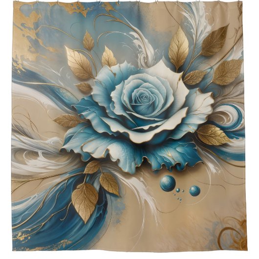 Goud en Blauwgroen Roos Douchegordijn (Voorkant)